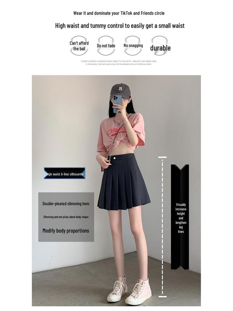 Women's Black High-Waist Pleated Skirt: Summer 2025 Collection, Slimming Academy Style with Pocket Design, Half-Length Short Skirt.
