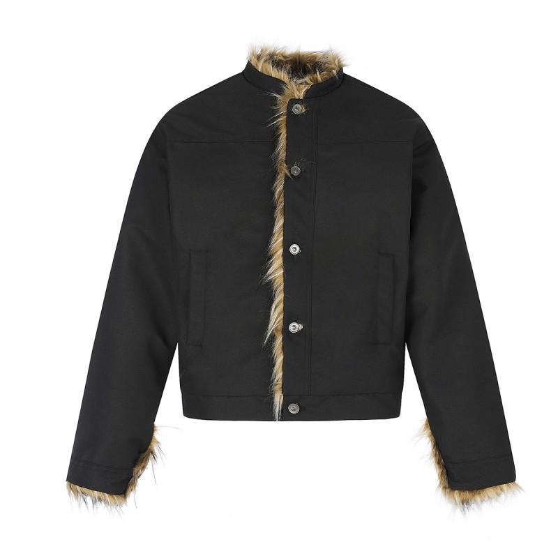 Winter Fleece Lined Cotton Puffer Jacket Men Vintage American Style Warm Coat With Fur Collar