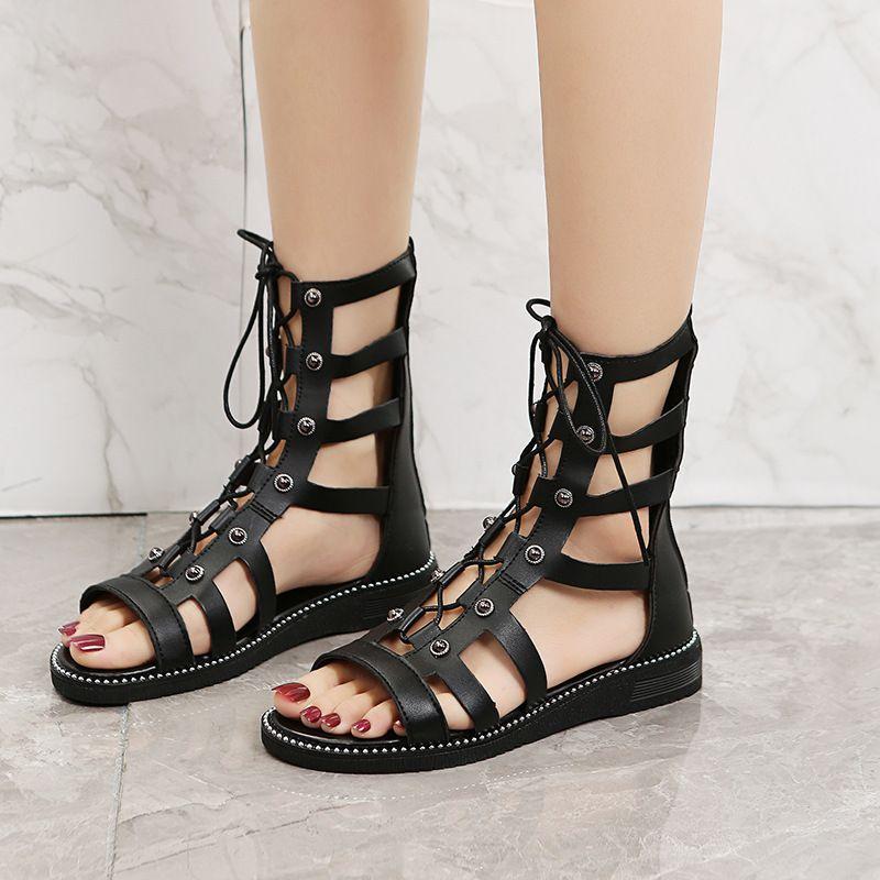 2025 New Hollow Casual Sandalias Open Toe Cross Strap Ladies Shoes Wedges Summer Roman Black Sandales Boots Large Size 35-43