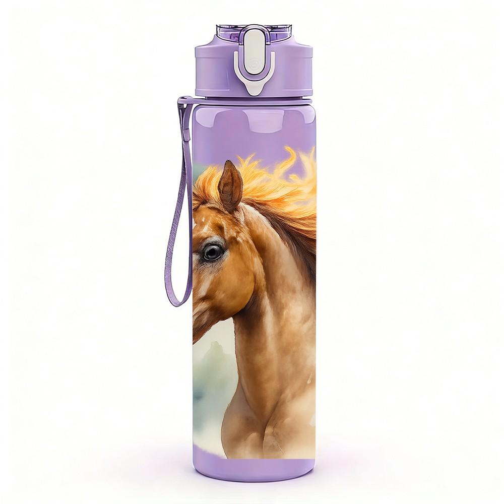 1PC Chestnut Brown Horse Head Print 750ml Color Plastic Sports Water Bottle Leakproof Flip Straw Lid Suitable for Sports Office Home Use
