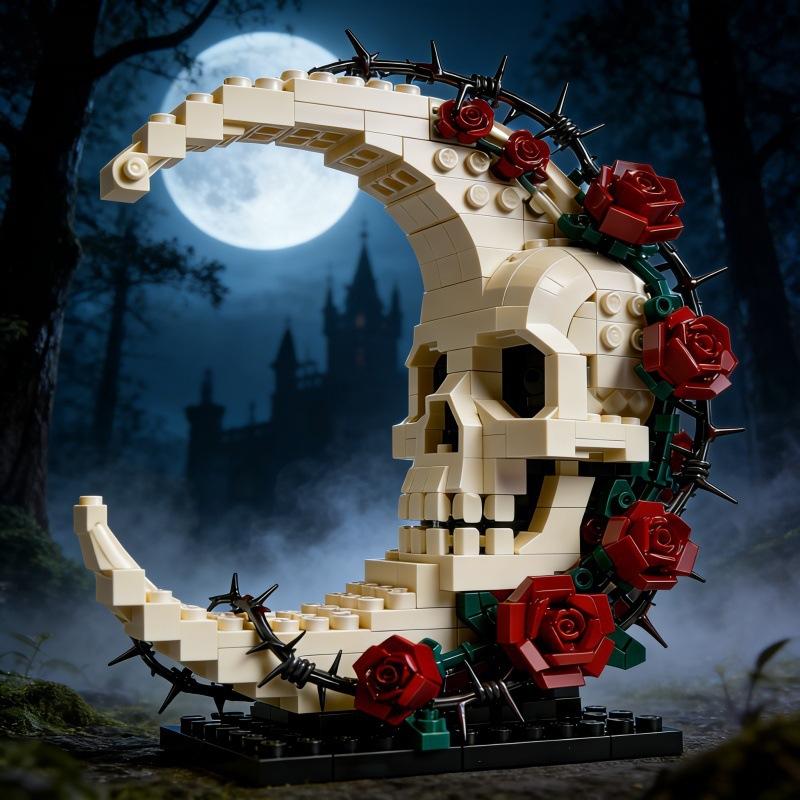 Building Block Skull Rose Ornament Creative Gothic Decorative Educational Toy Model Gift Dark Pendant