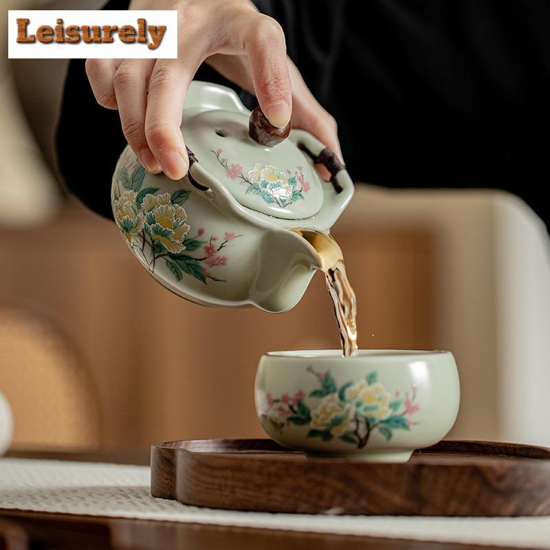 Pea Green Ru Kiln Porcelain Tea Set Kit Vintage 1 Pot 1 Cup Portable Travel Tea Maker Hibiscus Designer Outdoor Handbag Craft