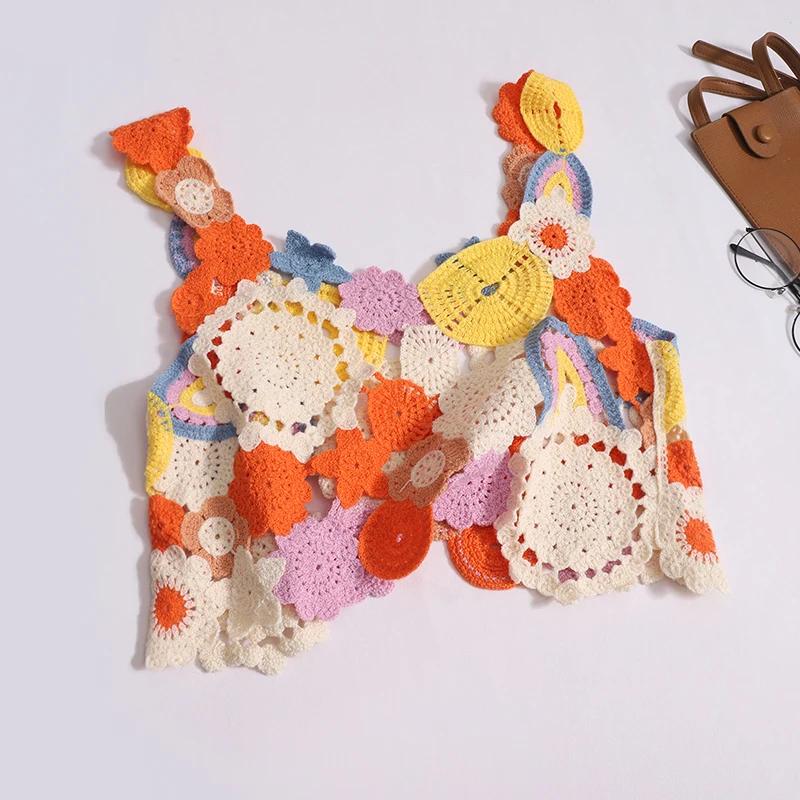 

Вышитый цветочный вязаный крючком топ-майка многоцветный ажурный трикотажный укороченный топ-майка женский летний новый наряд Fairycore Cottagecore One Size оранжевый
