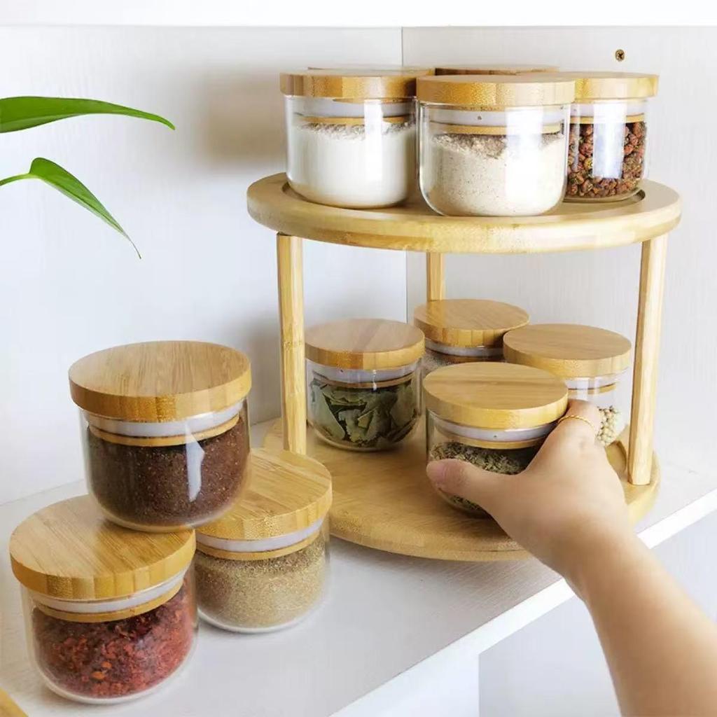 Wooden Two-Tier Rotating Spice and Cosmetics Rack - Bamboo Kitchen Organizer