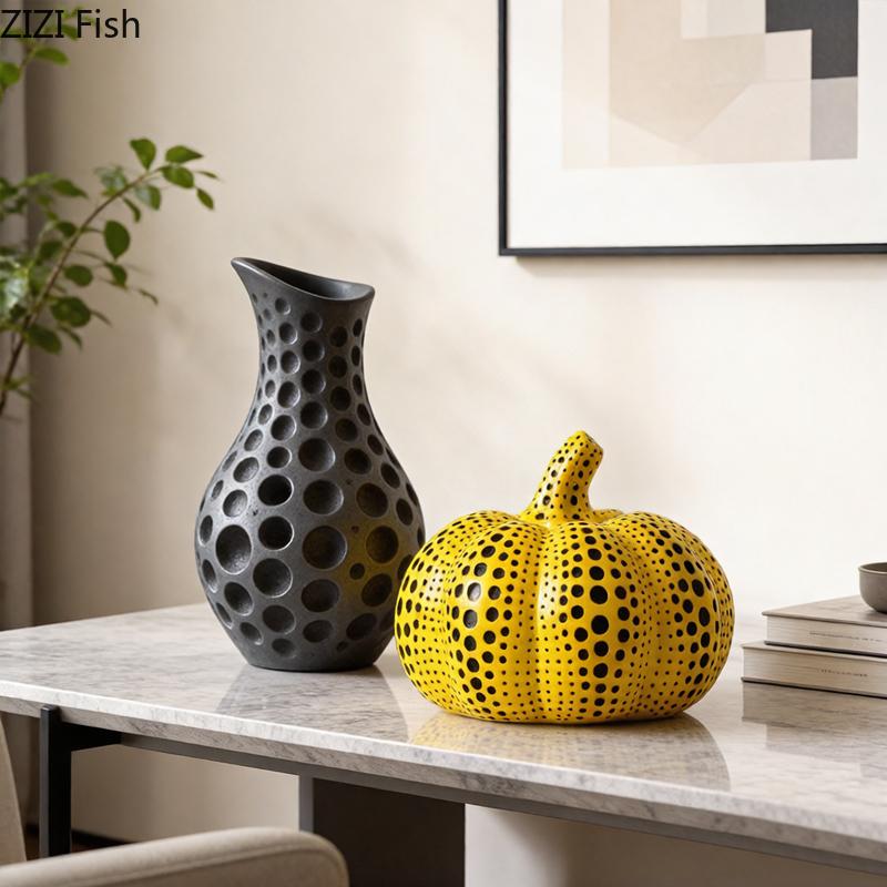 Polka Dot Art Pumpkin Sculpture Yellow Pumpkin Handicraft Desk Decoration Resin Artwork Ornaments Modern Home Decor Accessories