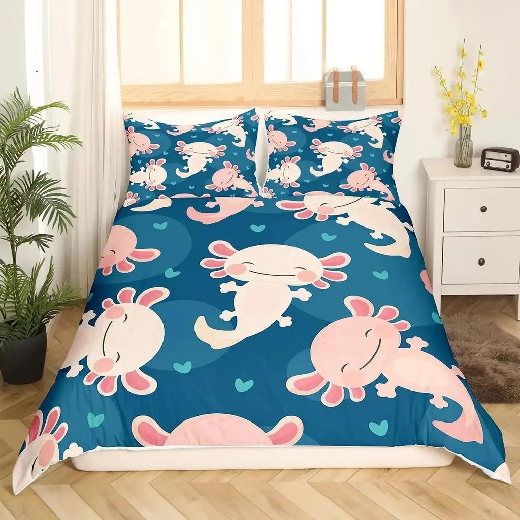 Cartoon Axolotl Cute Sea Animal Reptile Bedding Set Boys Girls Twin Queen Size Duvet Cover Pillowcase Bed Kids Adult