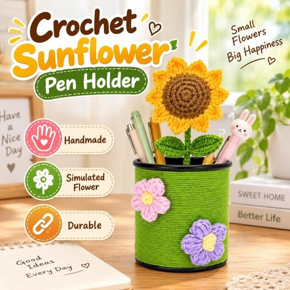 Handmade Crochet Sunflower Pen Holder Cute Desk Pencil Holder Office School Supplies