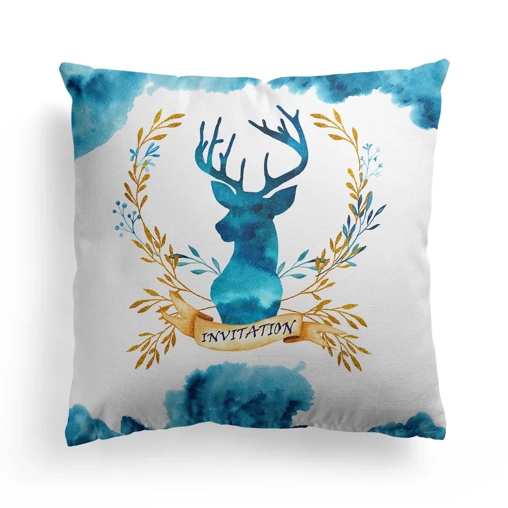 Home Decoration Christmas Blue Elk Plant Pillow House Polyester Cushion Cushion Decoración Navideña Funda De Almohada