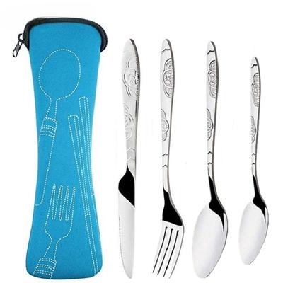 4Pcs/set Dinnerware Portable Printed Knifes Fork Spoon Stainless Steel Family Camping Steak Cutlery Tableware with Bag