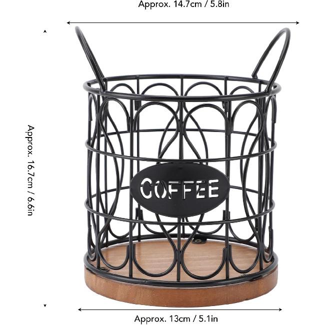 Coffee Pod Basket, Decorative Round Wire Capsule Holder with Wooden Base, Proof Metal Construction, Weighted Base, For Cafe Kitchen (Black)
