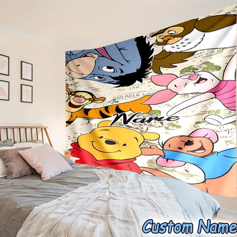 Custom Name Tapestry Cartoon Pooh Tapestry, Unique Design Tapestry, Suitable for Bedroom,Livingroom, Playroom,Heartwarming Fan Holiday Gifts