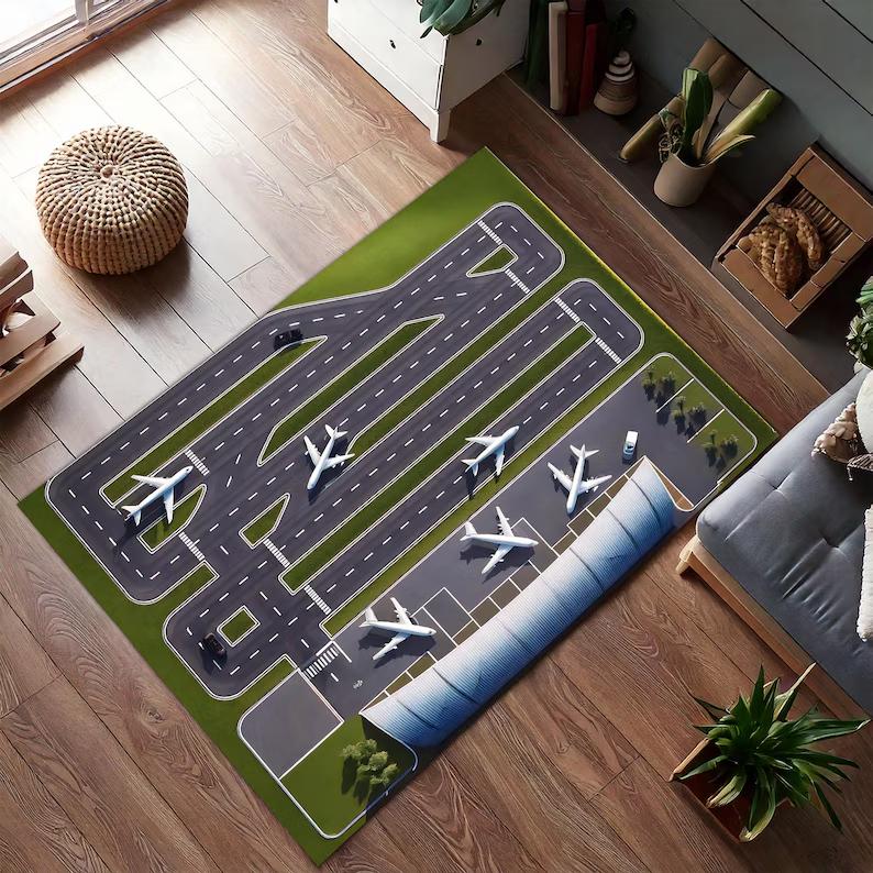 Runway Rug Airport Rug Plane Game Area Mat Aviation Rug Kids Room Decor For Childs Gift For Boys Girls Personalized Cool Gifts