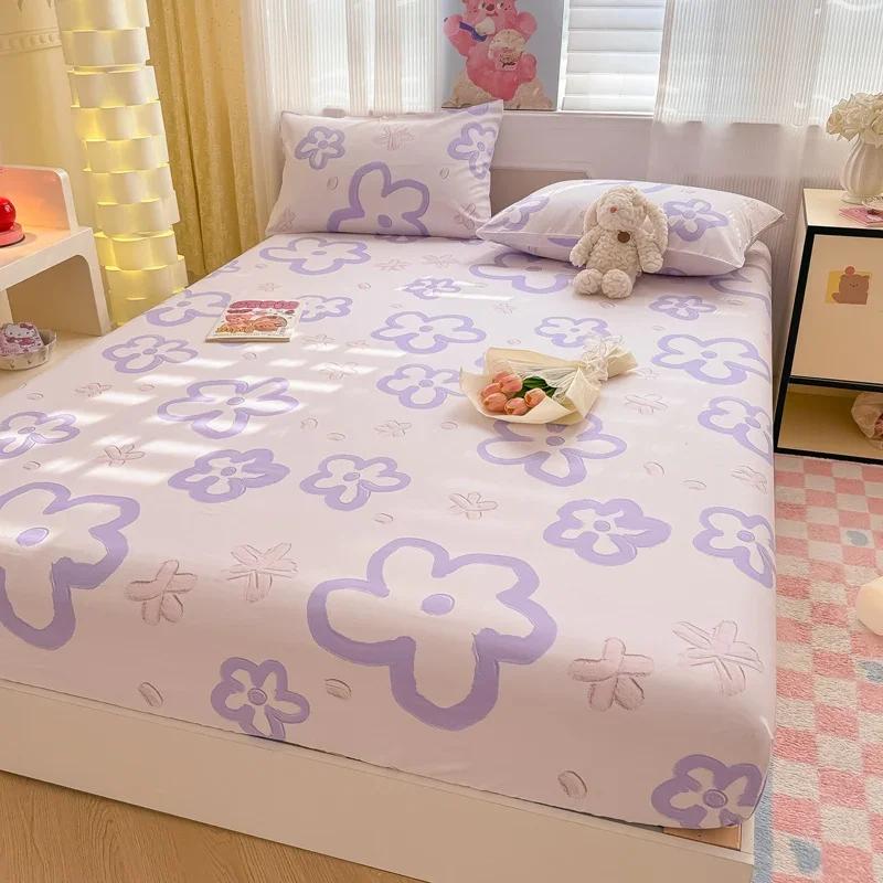 1 Pc 100%Cotton Bed Sheet Cartoon Fish Printed Fitted Sheet with Elastic Band Single/Queen/King Pure Cotton Bed Botton Sheets
