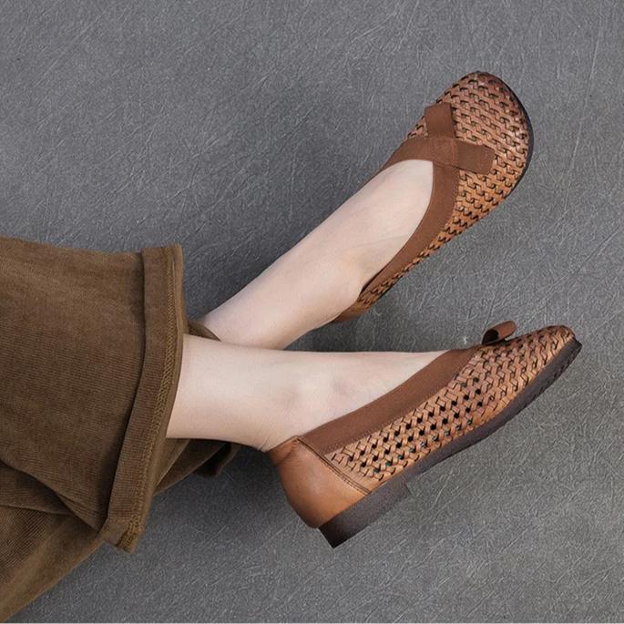 Johnature Flache Vielseitige Ausgehöhlte Atmungsaktive Sandalen Echtes Leder Bequeme Damen Slipper