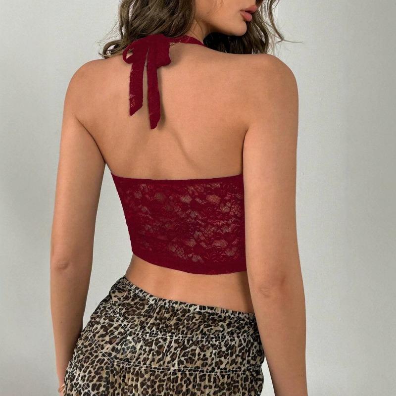 Women Sexy Hollow Out Lace Halter Neck Slim Fit Cropped Top