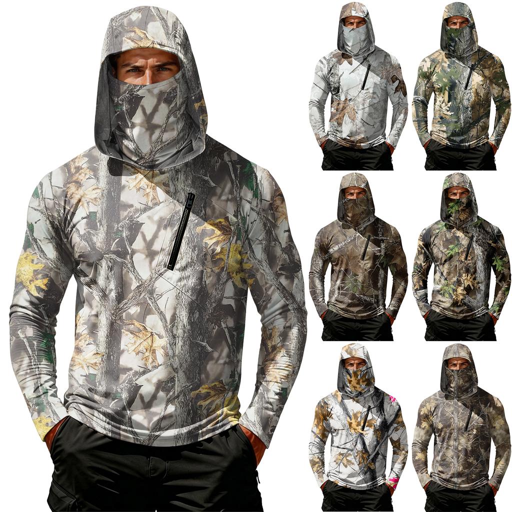 Men's Casual Leaf Camouflage Print Hooded Long Sleeve Sun Protection Shirt Lightweight Breathable Outdoor Top with Zipper Pocket