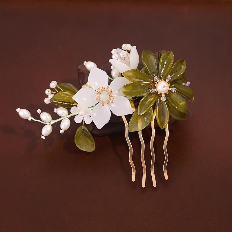 Damen Perlenblume Hanfu Haarnadel Kamm – Antiker Stil Hochsteckfrisur Accessoires