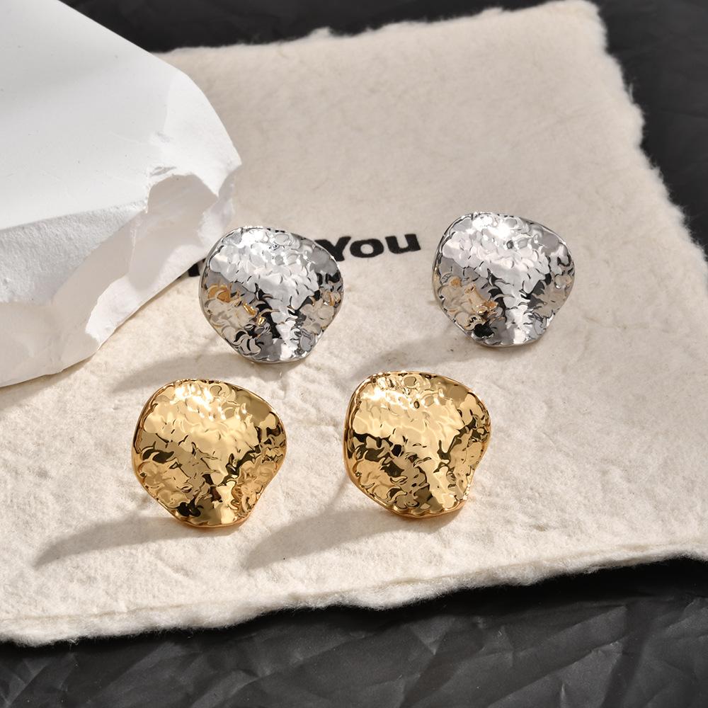 Fashion Design Pleated Metal Flash Texture Stud Earrings Retro Round Square Earrings Earrings Women