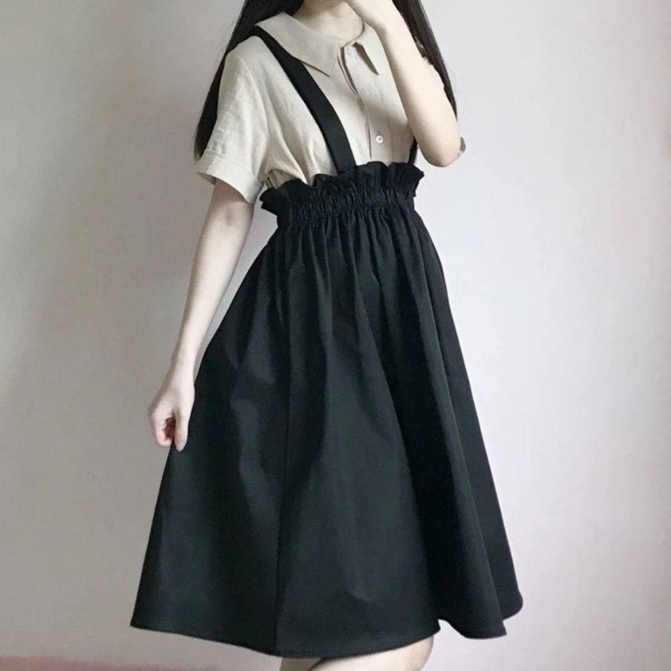 Costume d'étudiant doux japonais: Ensemble Jupe Bretelles Taille Haute + Chemise Manches Courtes