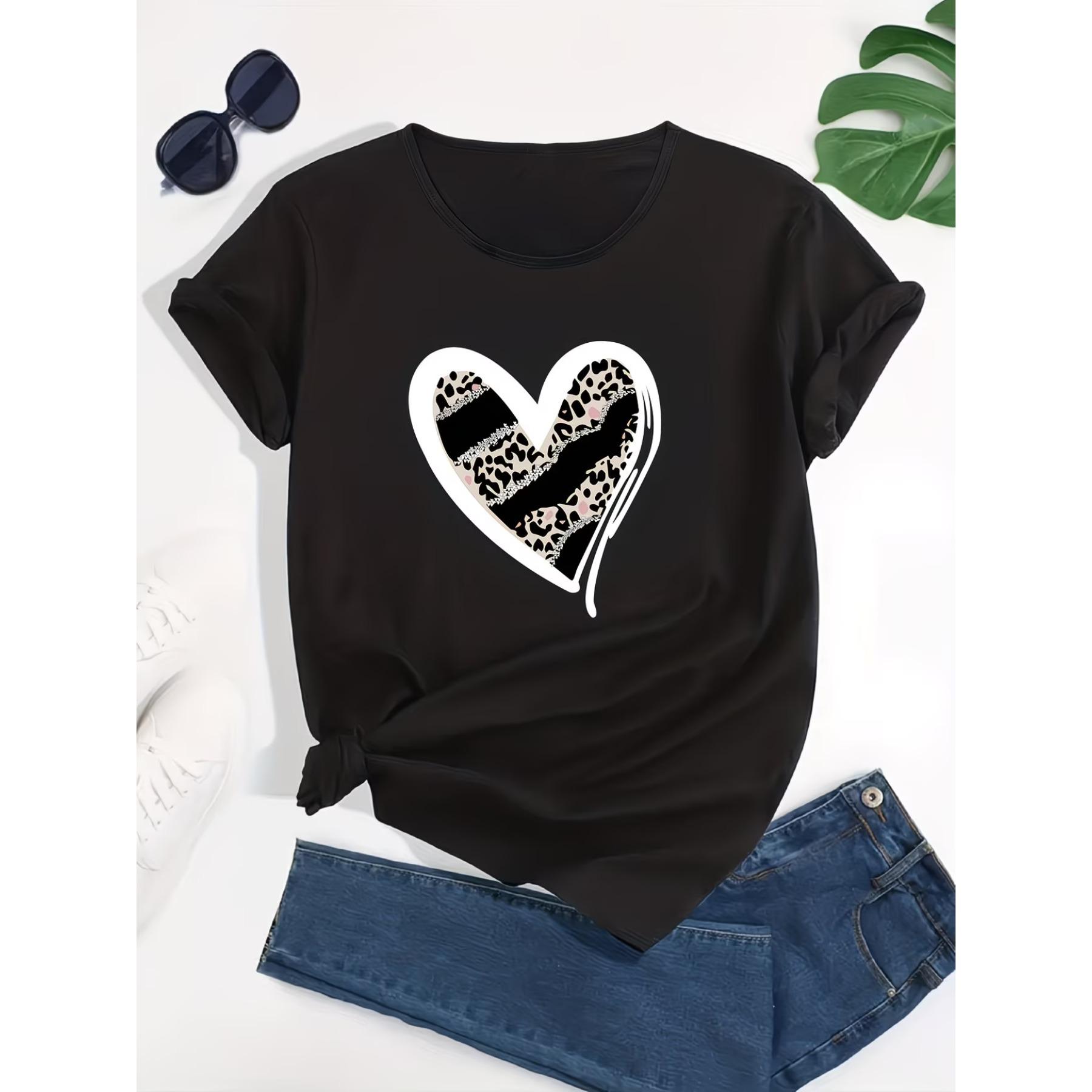 Повседневная Спортивная Свободная Футболка с Графикой Сердца, Леопардовый Принт, Круглый Вырез, С принтом Букв, Летний Спортивный Топ для Тренировок, Женские Топы S чёрный