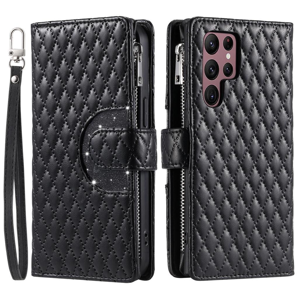 Bling Lanyard Leather Wallet Case for Samsung Galaxy S24 Ultra S23 FE S22 Plus S21 A15 A25 A35 A55 Zipper Cards Solt Bag Cover