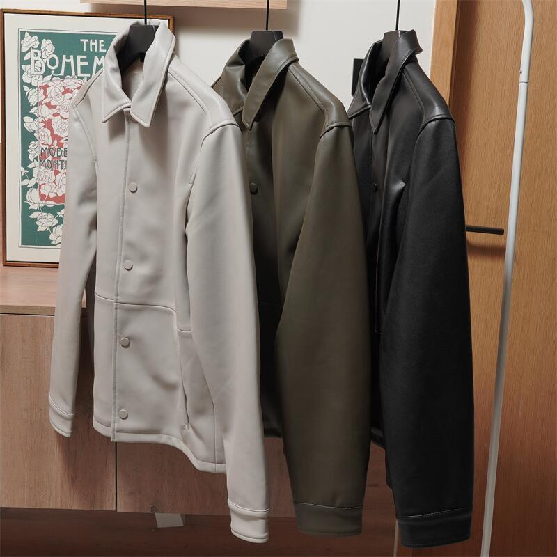 Men's lapel button decoration black beige imitation leather jacket PU leather jacket men's jacket trendy casual