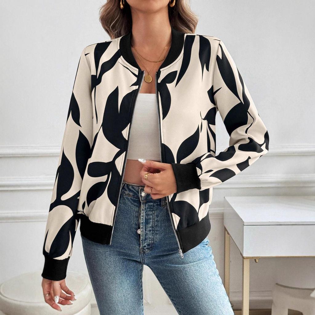 Womens Ladies Retro Floral Zipper Up Jacket Casual Coat Outwear