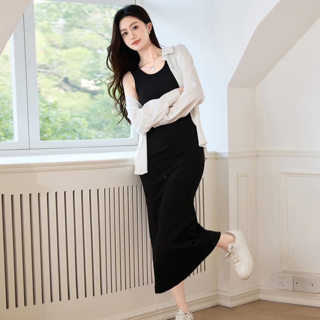 Overknee-Westenkleid für Damen, Sommer, reine Baumwolle, neue schmale Passform und schmaler innerer langer Rock