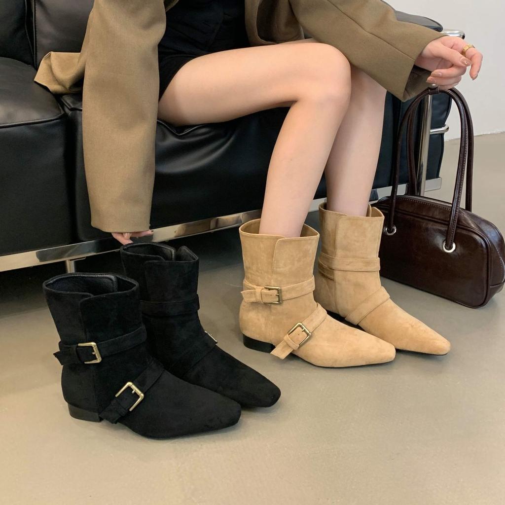 2024 Autumn/Winter New Short Boots Women's Leather Buckle Pointed Suede Flat Bottom Women Platform Boots