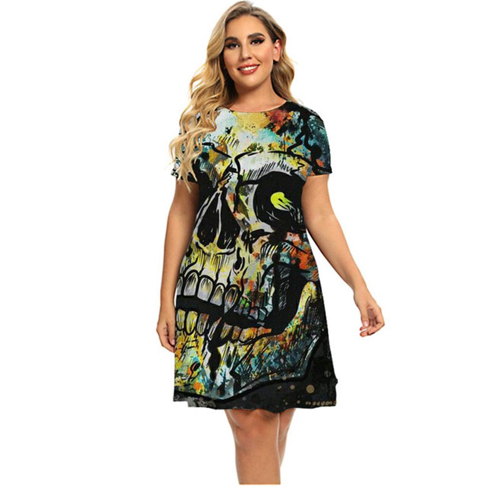 Slim Women's Dress Short Sleeve Skull Digital 3D Print Fashion V-Neck Women Clothes Summer Sexy Solid Color Casual A-line Dress
