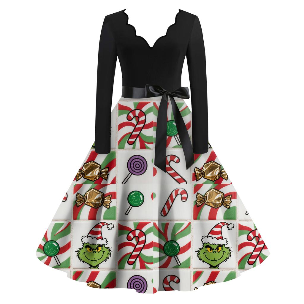Ladies' Fashionable Retro Long Sleeved Square Neck Christmas Printed Evening Dress Dress