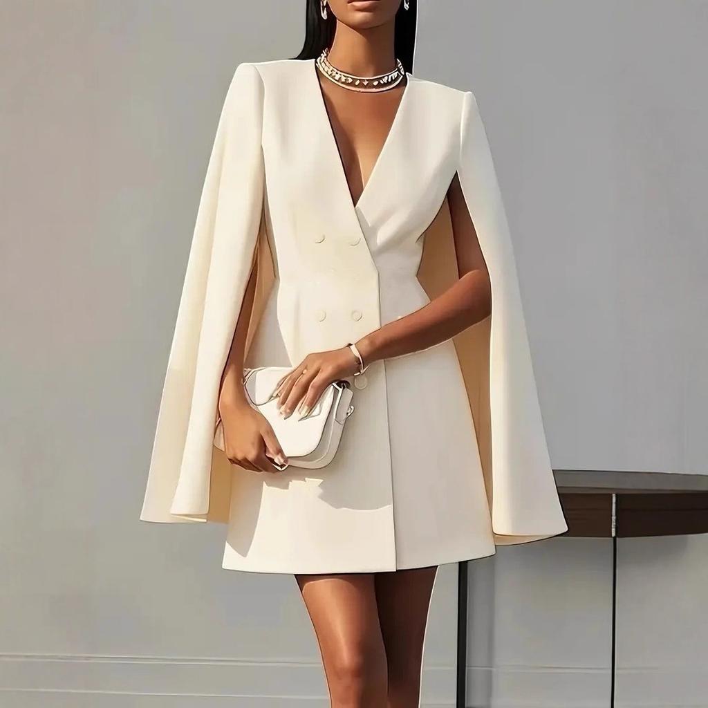 Women Solid Color Double Breasted Cape Blazer Dress