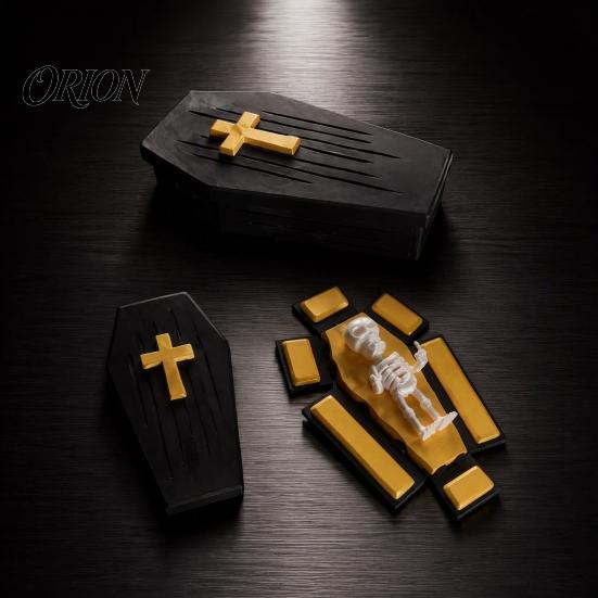 3D Printed Skull Decor Folding Coffins Figurine with Skeleton Ornament, Miniature Articulated Statue, Gothic Desktop Ornaments Dark Decoration
