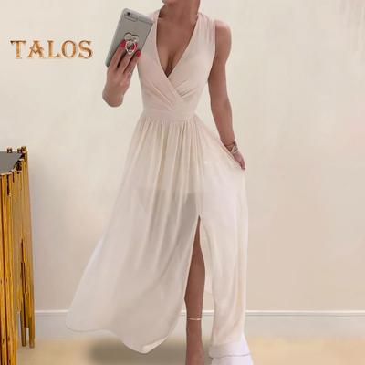 Women Evening Dress V Neck Sleeveless Pleated Split Hem Slim Waist Floor Length Solid Color Wedding Cocktail Party Prom Maxi Dress