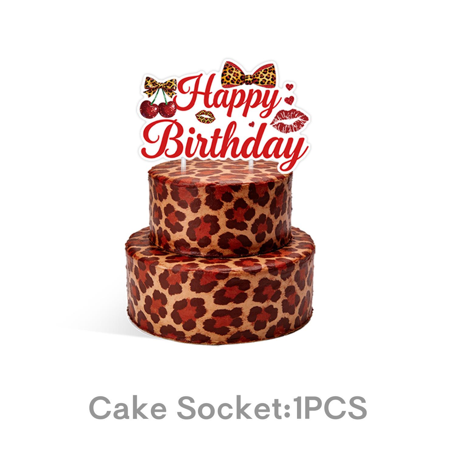 Red Leopard Print Cherry Bow Birthday Party Decor: Cake Topper & Tablecloth Set