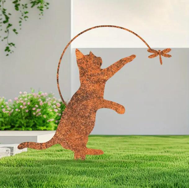 Rustic Metal Cat with Dragonfly Garden Sculpture