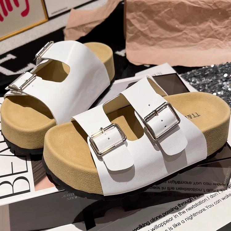 Soft leather version~ Mrs. Chen, the same thick-soled muffin, one-word small sandals, slippers outside the beach, women's shoes