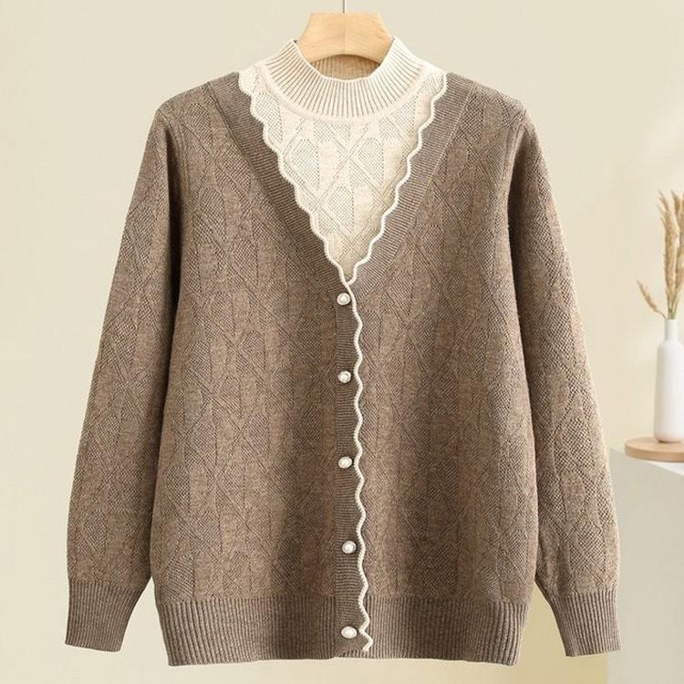 

Middle-aged Women s New Fake Two-piece Sweater Top Short Knitted Sweater Mother Autumn Clothes Fashionable Middle-aged and Elderly Base Shirt 5XL коричневый