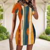 Women Plus Size Round Neck Short Sleeve Blue Pink Geometric Printed Fitted Mini Dress