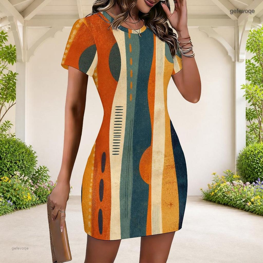Women Plus Size Round Neck Short Sleeve Blue Pink Geometric Printed Fitted Mini Dress