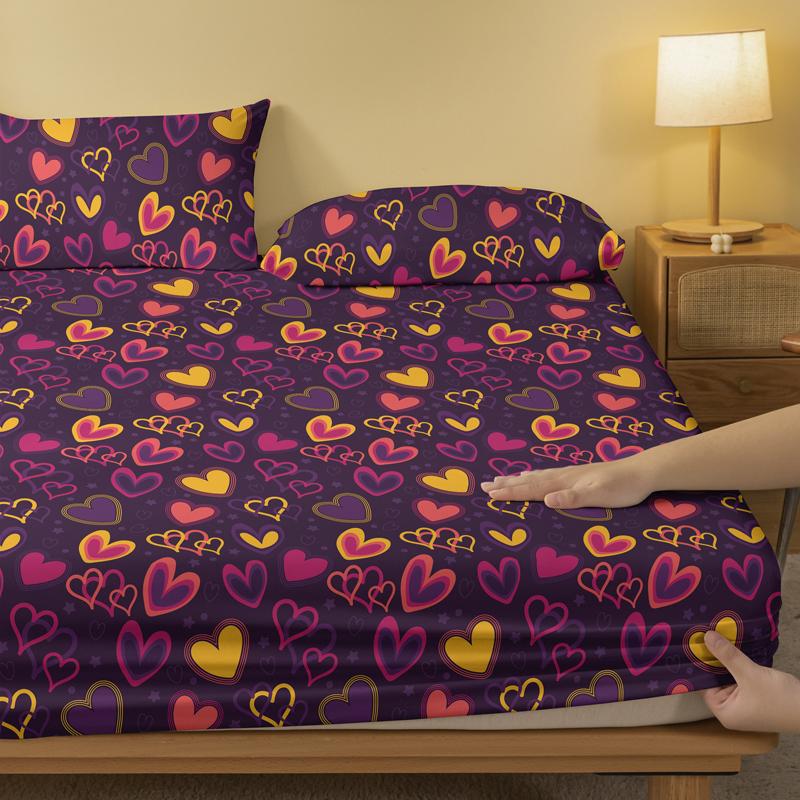 1Pc Ring Heart Cover Pattern Brushed Fitted Sheet, Bedroom Printed Bedspread, Bedding (Not Include Pillowcase)