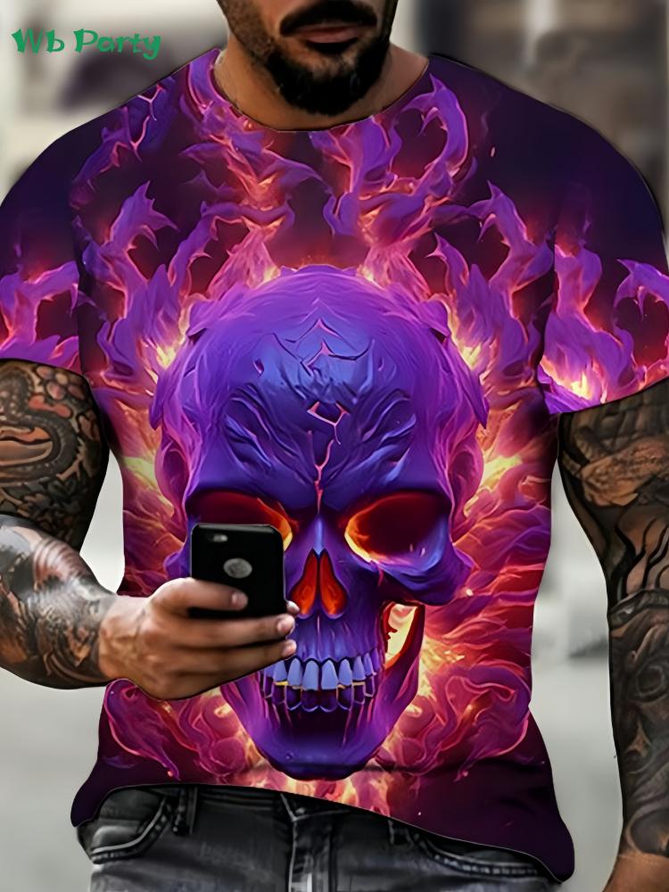 Retro skull 3D print men's T-shirt, summer street style men's top, fashionable round neck short-sleeved T-shirt, new loose fit men's clothing.