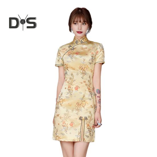 Kvinnor Sommar Cheongsam Stativ krage Dragon Phoenix Tryck Delad fåll Qipao Slim Fit Retro kinesisk stil Ovanför knälängd Bröllopsfest Cocktailklänning