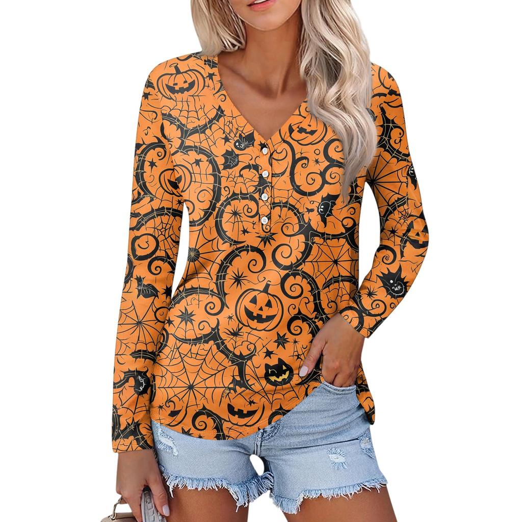 Women's Casual Fashion Sexy Comfort Halloween Printed V-Neck Button Long Sleeve