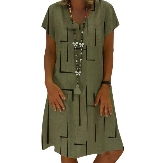 V-Neck Short Sleeve Knee-Length Shift Dress Geometry Plaid Print Casual Summer Dress Female Clothing