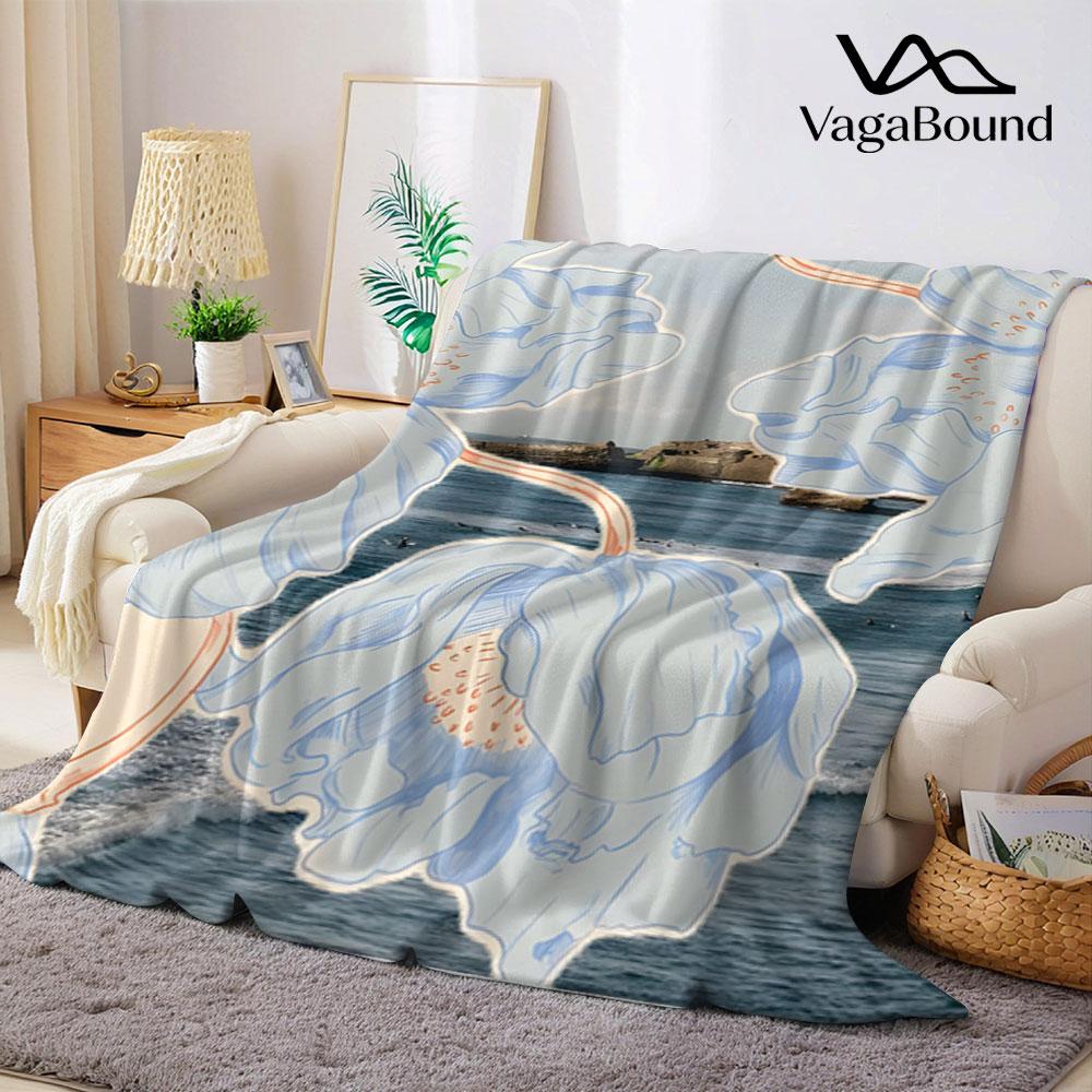 Blue Poppy Striped Flannel Blanket Perfect for Sofa Office Bed Travel Sleep Read Relax Camping four season use