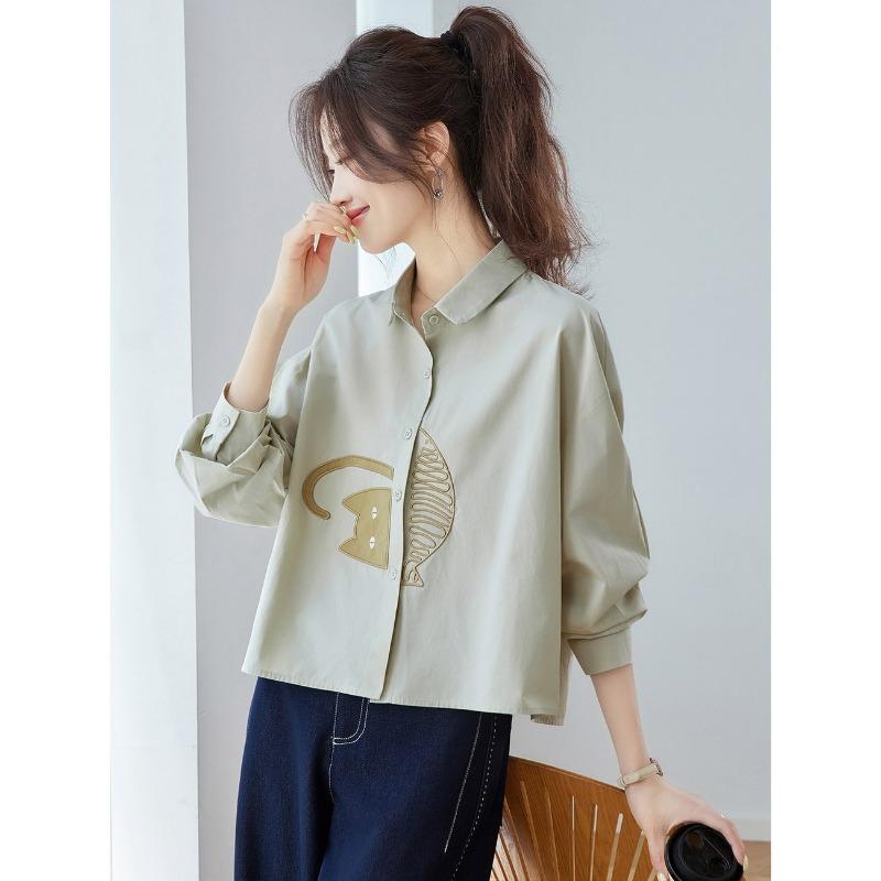 Women S Embroidered Short Loose Long Sleeve Turn Down Collar Shirt