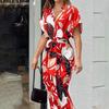 Fashion Elegant Printed Pleated Shirt Dress Women Solid Plus Size Short Sleeve Casual Dress Summer Office Lady Buttons Loose Long Dresses 909