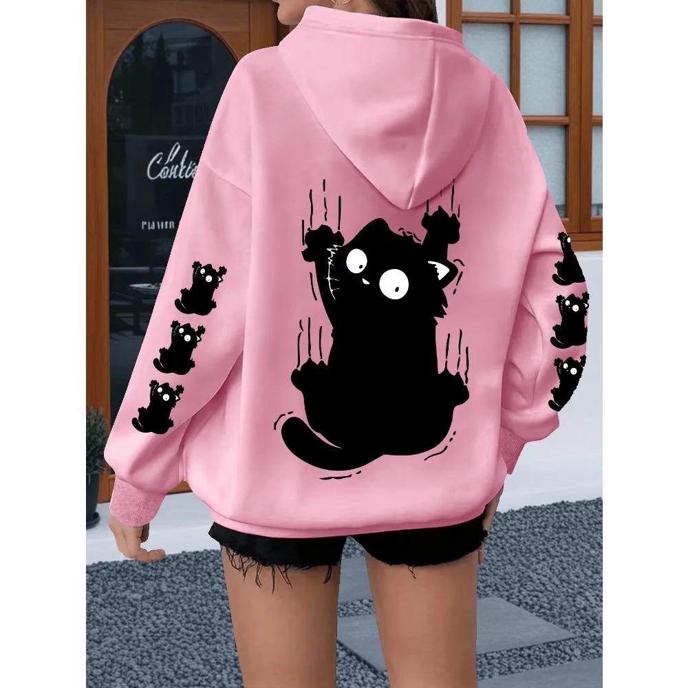 Autumn Winter Creative Cute Scratch Black Cat Print Hooded Sweatshirt Loose Comfortable Casual Sport Long Sleeves Hoodies