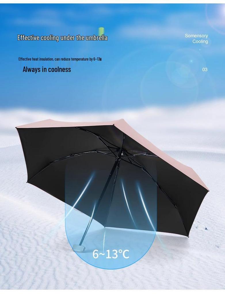 UV Flat Five-Fold Women's Sun & Rain Mini Umbrella - Black Glue Sunshade & Sunscreen, Customizable Design